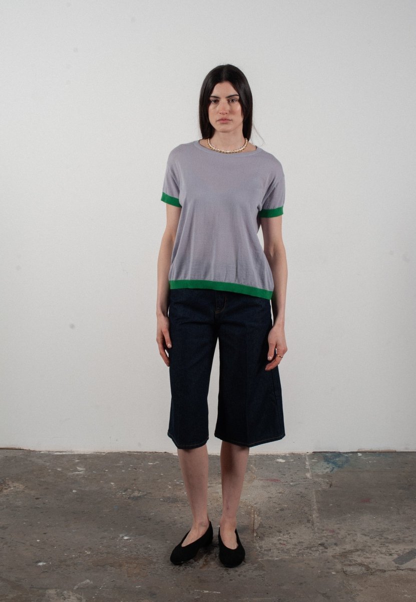 T shirt col rond manches courtes femme en cachemire & laine ultrafin lavande & vert - KELLY 1