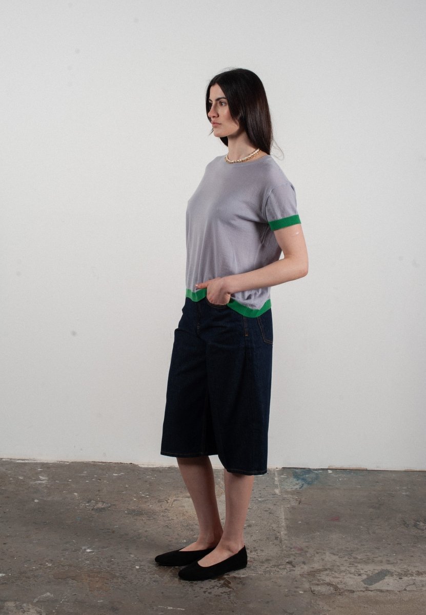T shirt col rond manches courtes femme en cachemire & laine ultrafin lavande & vert - KELLY 1